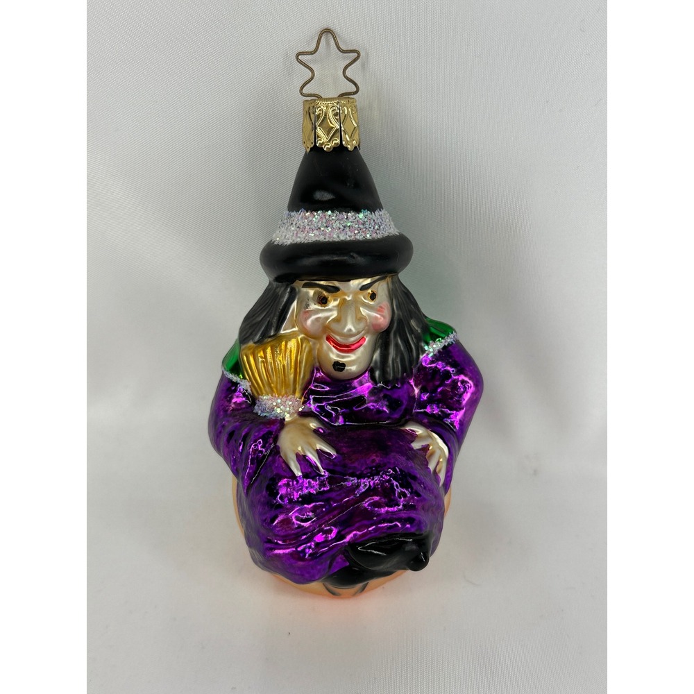 Inge Glas Which Witch on Pumpkin Ornament Purple Halloween Glass Art